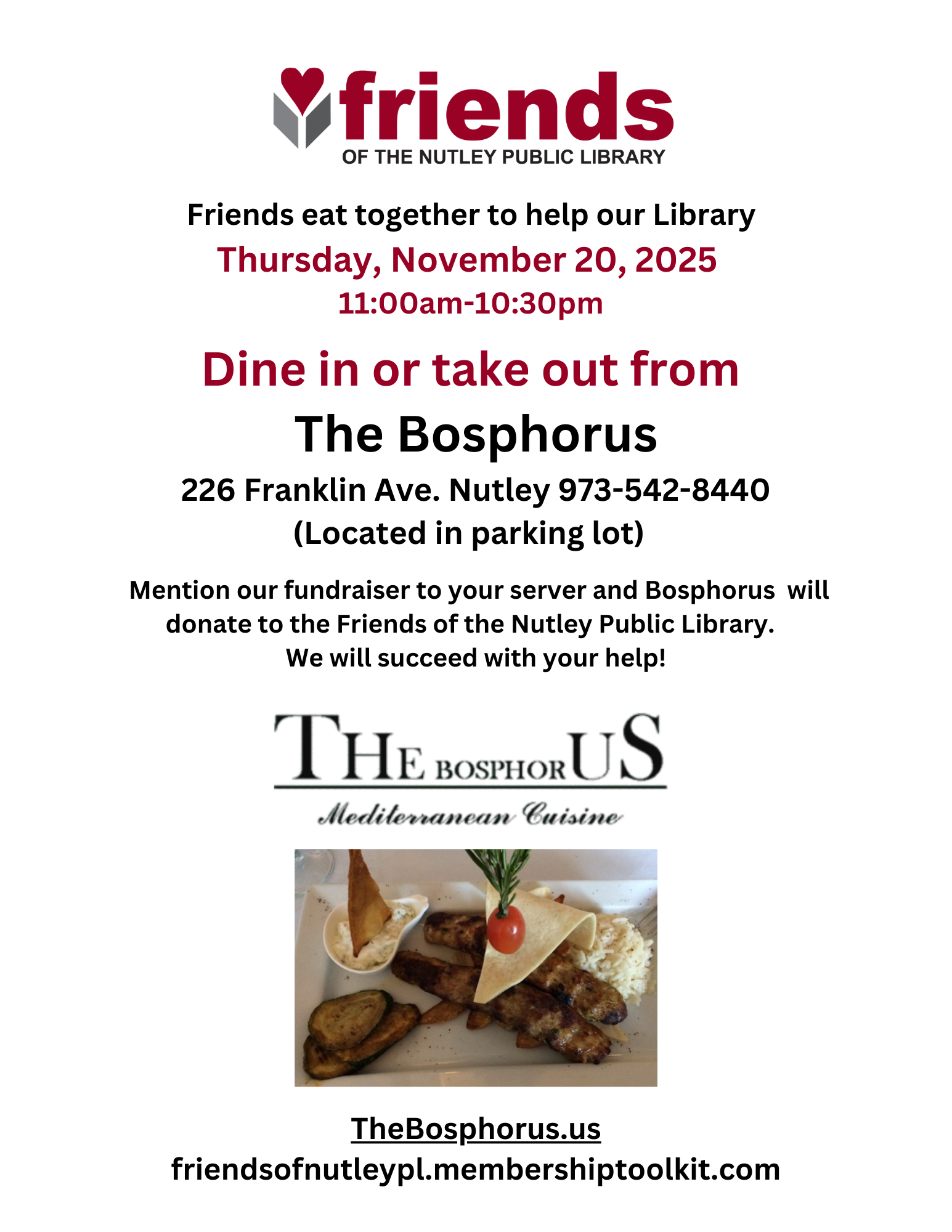 Friends Fundraiser: Dine In or Take Out from The Bosphorus