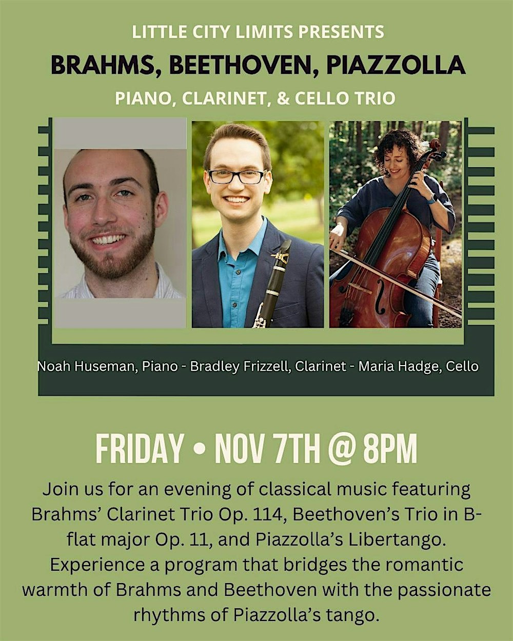 Evening of Chamber Music with piano, clarinet, and cello