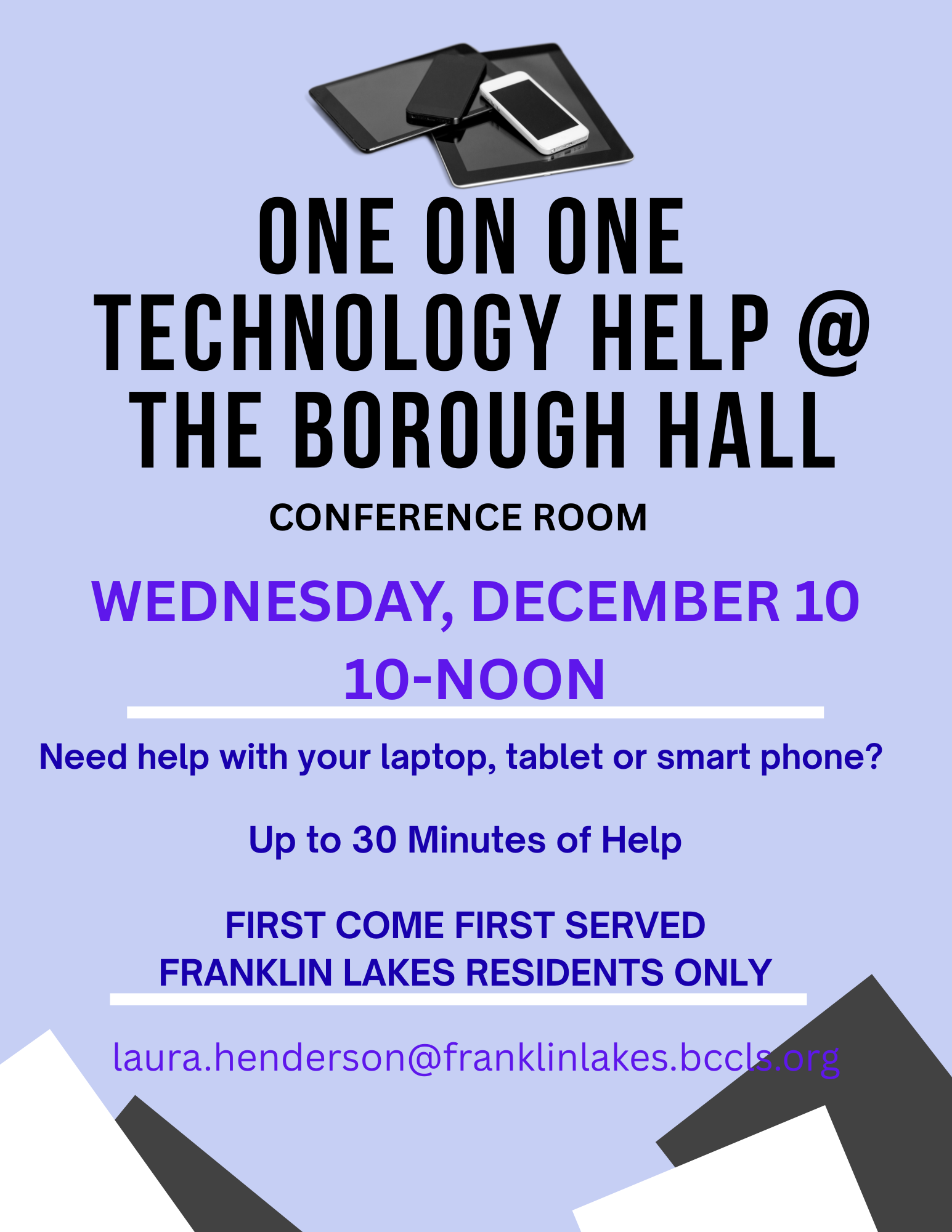 One on One Technology Help at the Borough Hall Conference Room