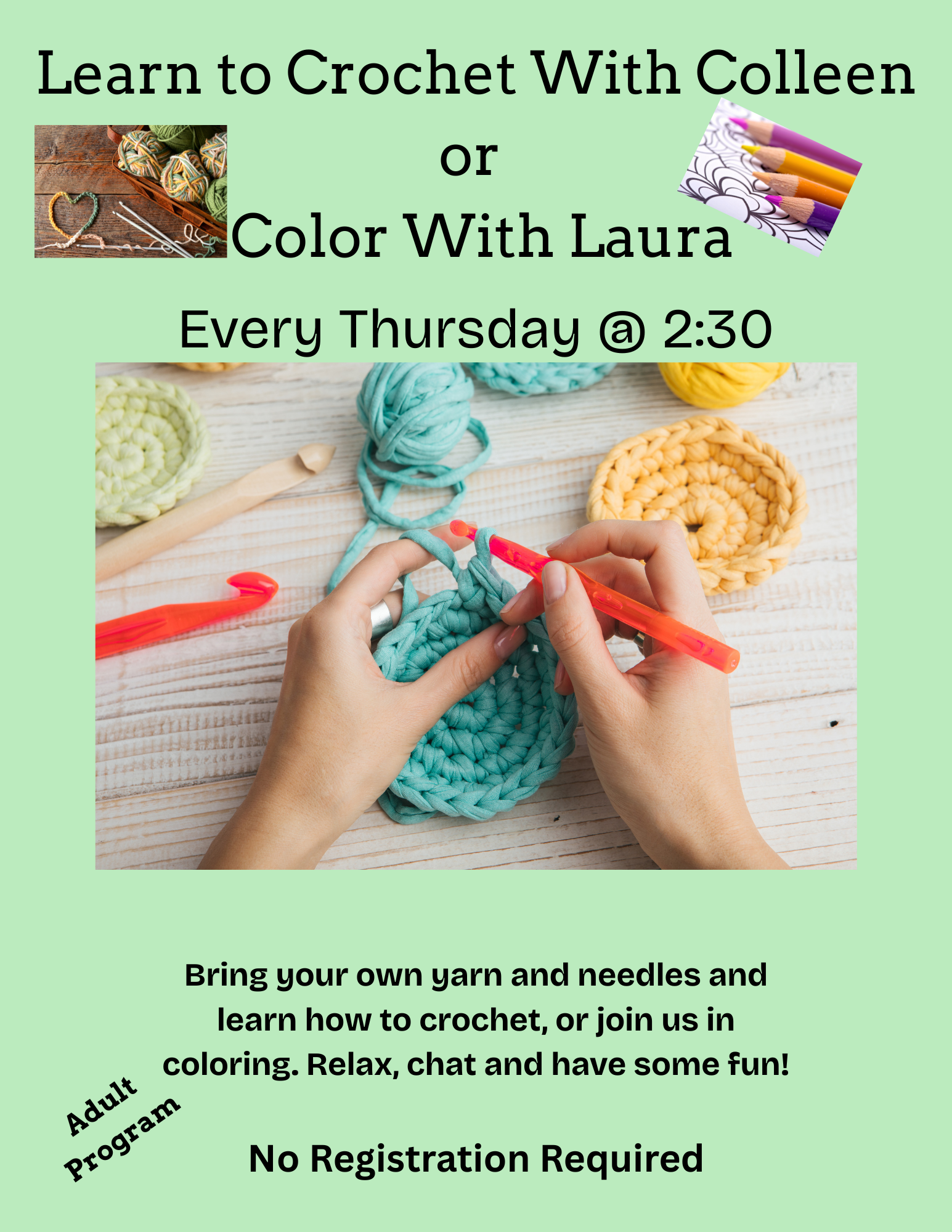 Crochet & Coloring Upstairs in the Magazine Room