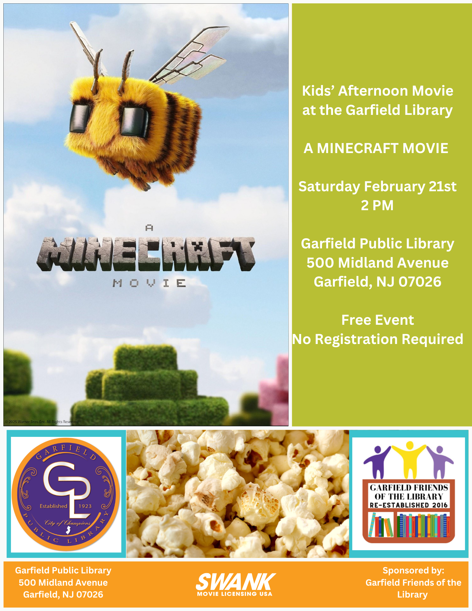 Kids' Afternoon Movie at the Garfield Library - A MINECRAFT MOVIE