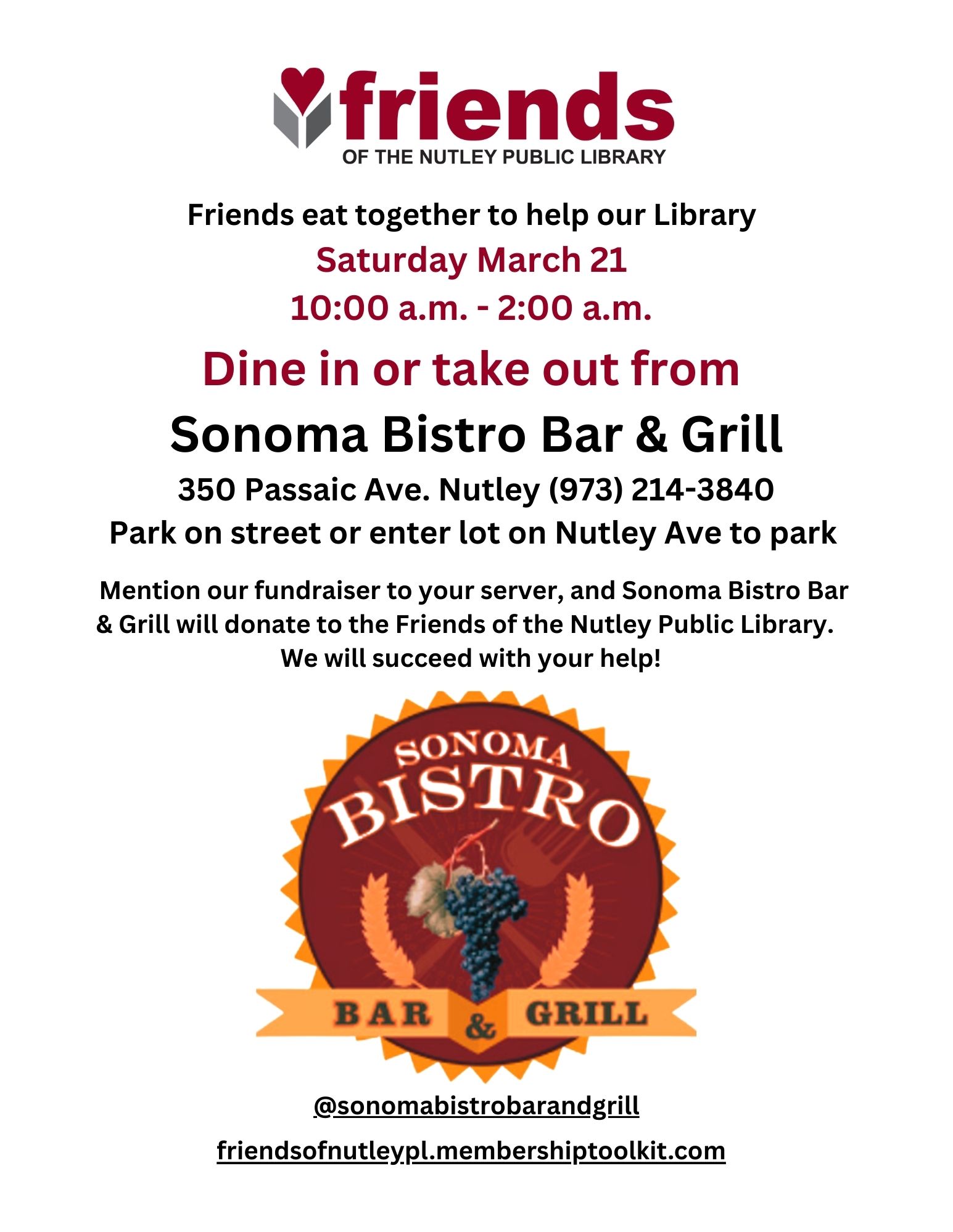 Friends Fundraiser: Dine In or Take Out from Sonoma Bistro Bar & Grill
