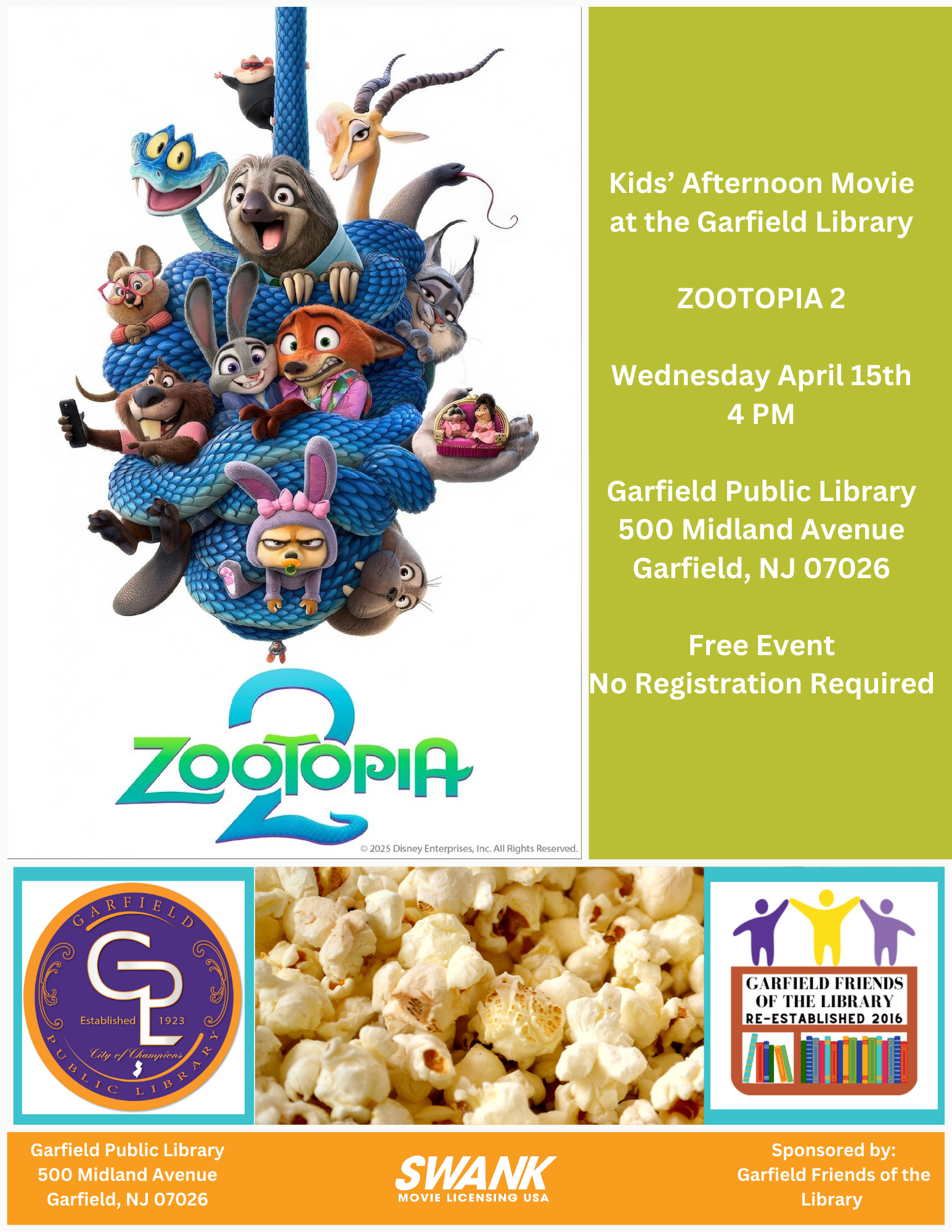 Kids' Afternoon Movie at the Garfield Library - ZOOTOPIA 2