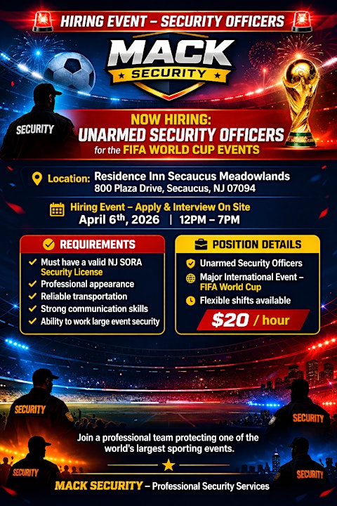 Hiring event - NJ sora security officers for FIFA events