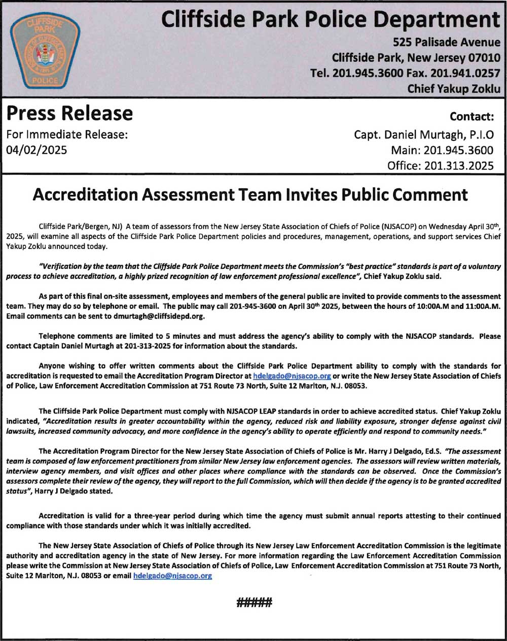 Police Accreditation Assessment Team Invites Public Comment